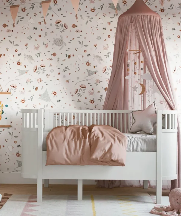 Papier Peint Fleurs Animaux Aquatiques - Lilipinso