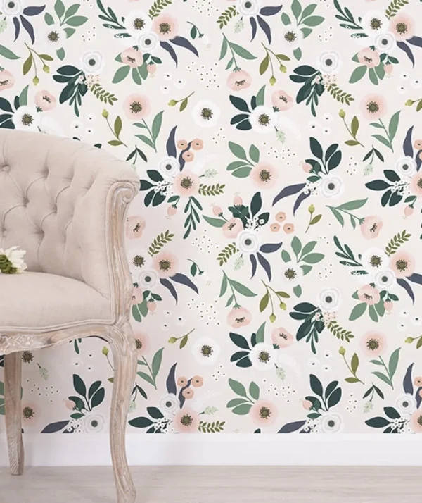 Papier Peint Fleurs Fond Rose - Lilipinso